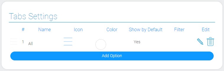 Settings of filter tabs with icon