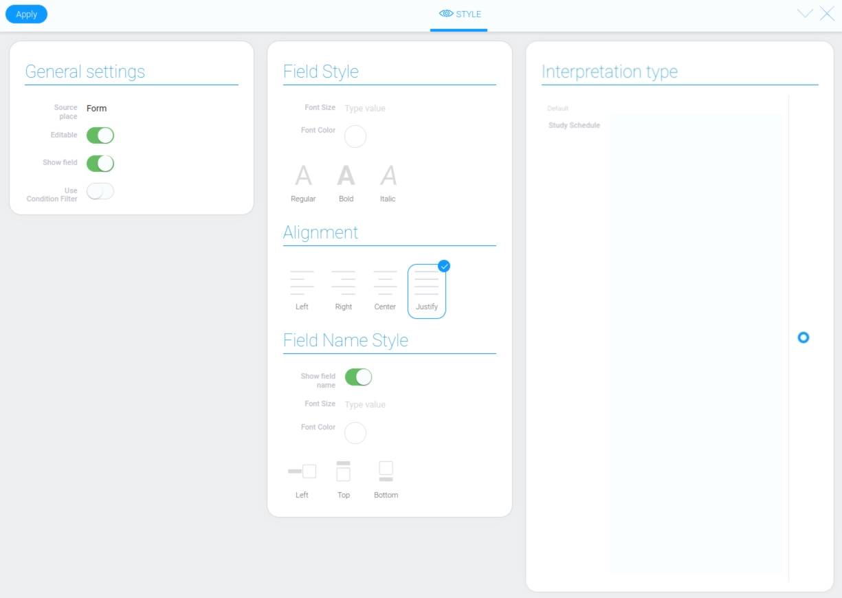 Settings of the element style